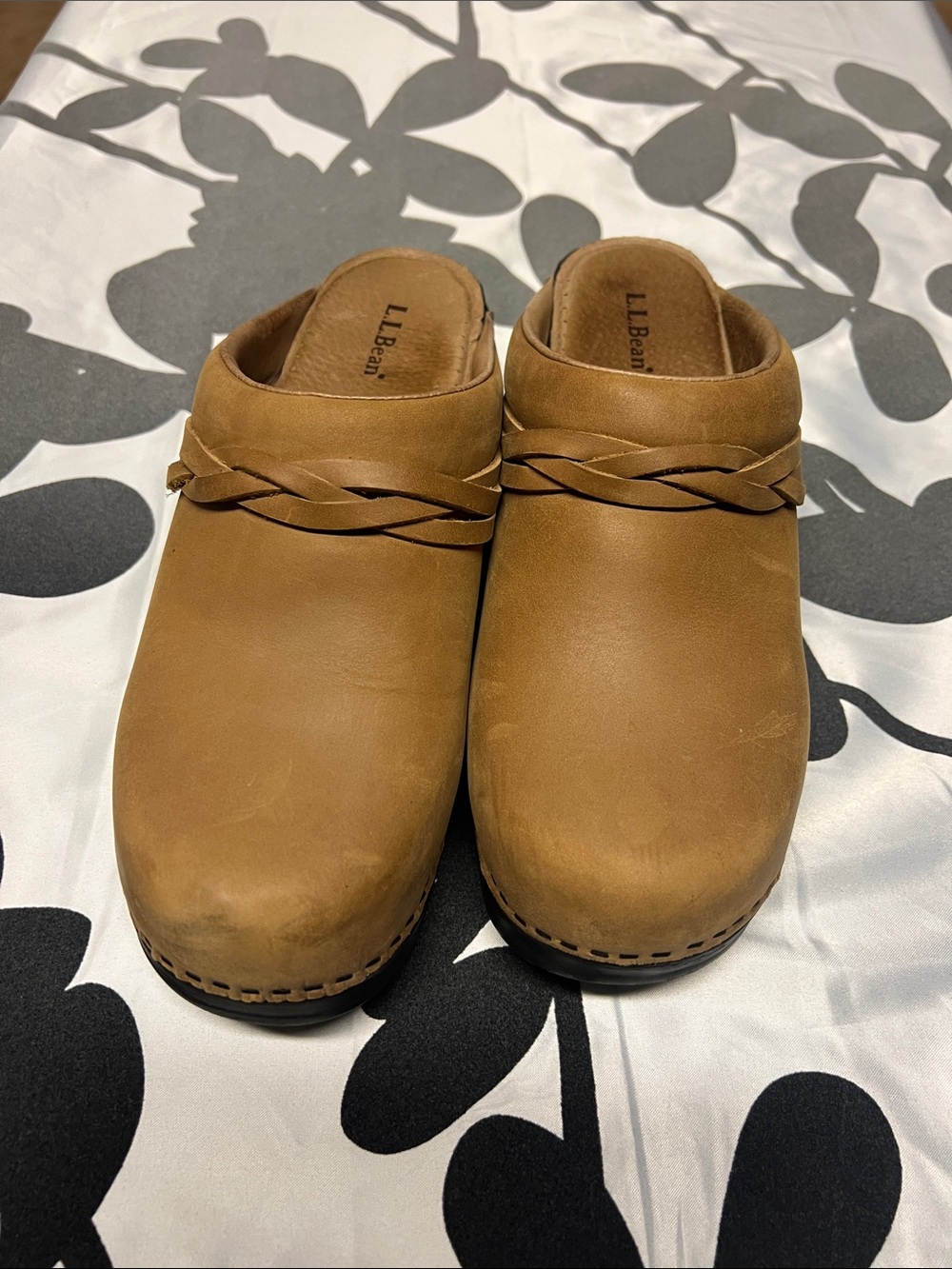 L.L. Bean Tan Leather Braided-Trim Slip-On Clogs